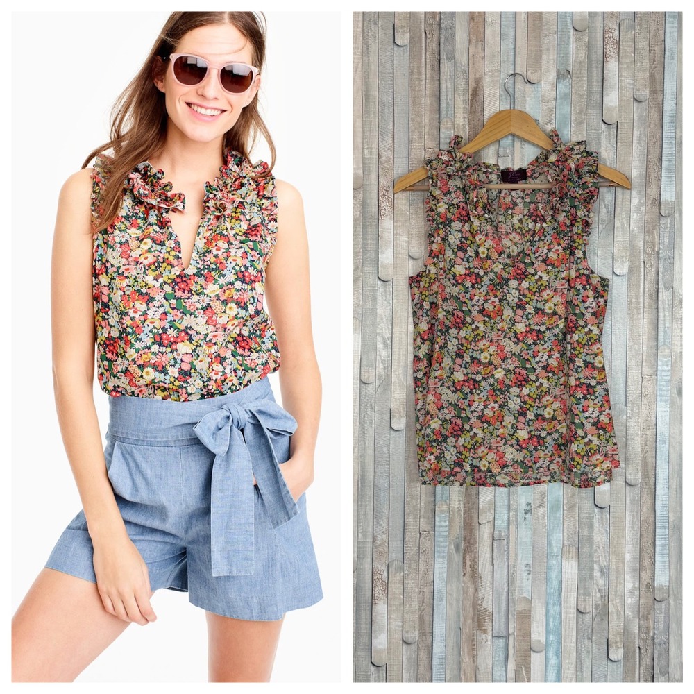J Crew 8 Liberty Thorpe Floral Print Ruffle Sleeveless Top Cotton Tank Colorful
